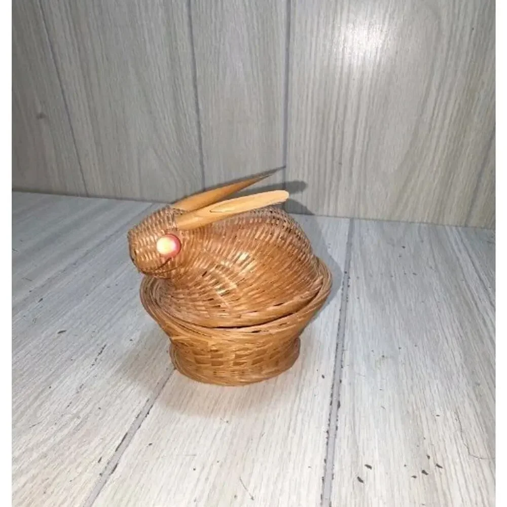 Bunny Rabbit Wicker Basket with Lid Vintage Home Decor 5” Countrycore Rustic